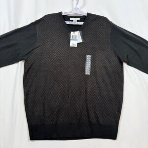 Geoffrey Beene Mens V Neck Sweater XL Black Herringbone Knit Pullover Extra Soft